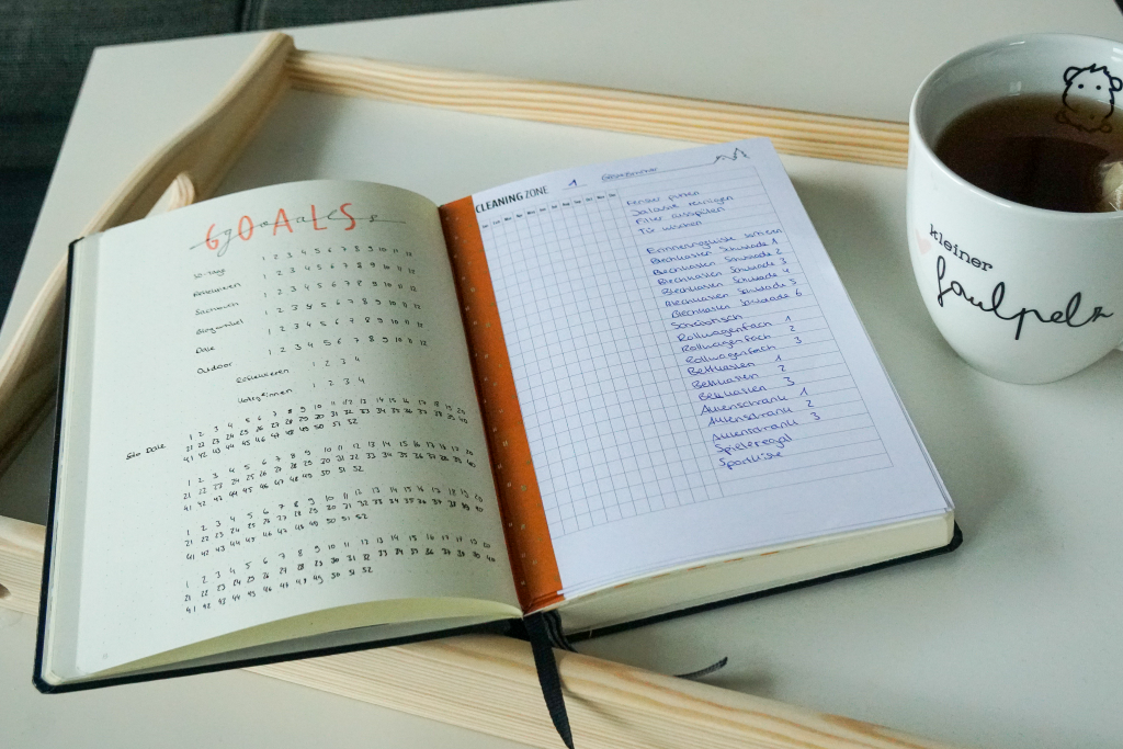 Auf dem Bild ist ein Notizbuch vor weißem Hintergrund zu sehen. Es ist aufgeschlagen. Auf der linken Seite ist ein Liste mit der Überschrift "Goals" zu sehen. Auf der rechten sind Seiten mit Tabellen eingeklebt zu erkennen. Dort steht "Anneke". Neben dem Notizbuch ist ein Tee zu erkennen.