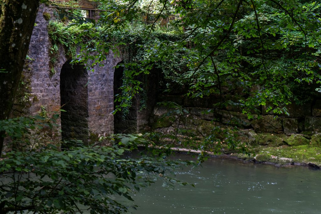 Auf dem Bild ist ein bläulich schimmernder Bach zu sehen. Er verläuft unter einer steinernen Bogenbrücke. Am Rand sind viele Pflanzen zu sehen.